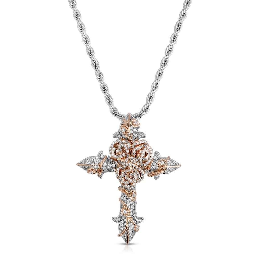 Diamond Rose Cross Necklace Pendant & Rope Chain