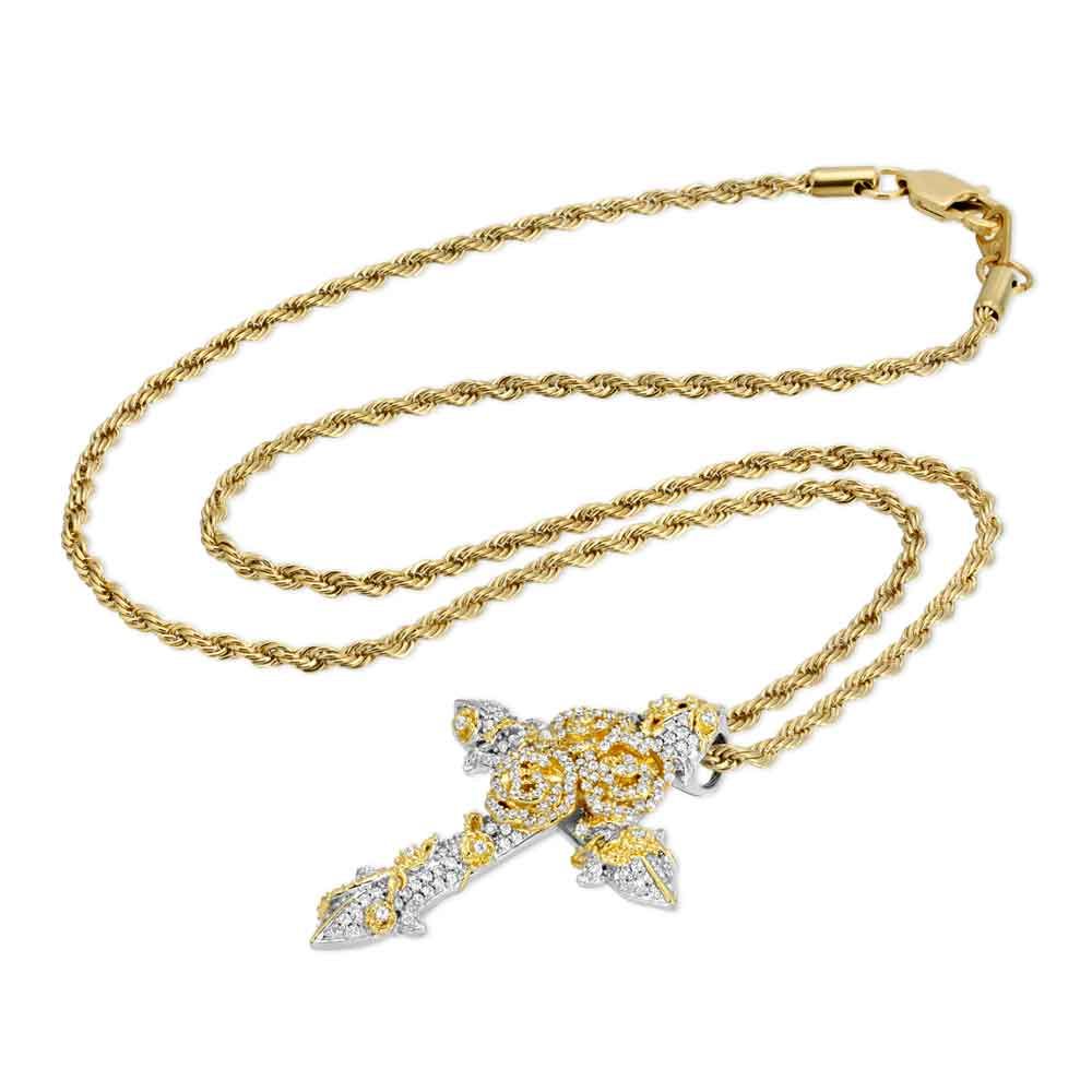 Diamond Rose Cross Necklace Pendant & Rope Chain