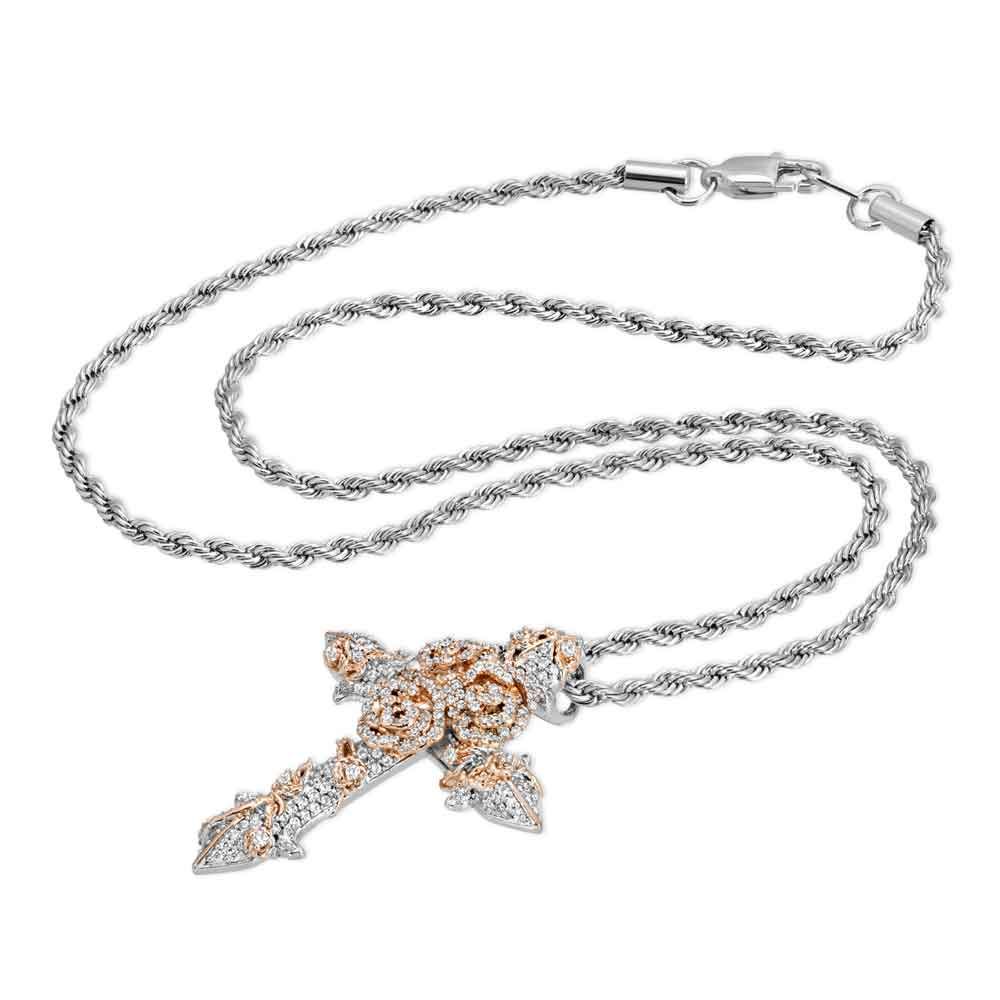 Diamond Rose Cross Necklace Pendant & Rope Chain