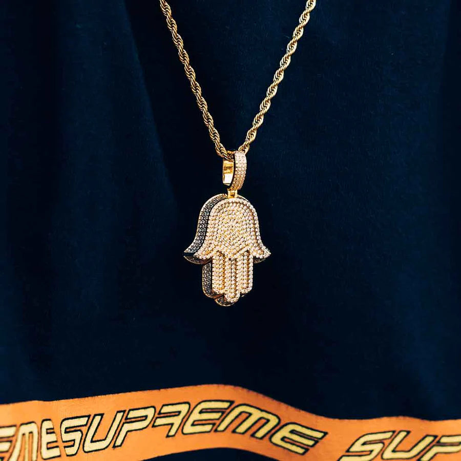 Diamond Hamsa Hand Necklace Pendant and Rope Chain