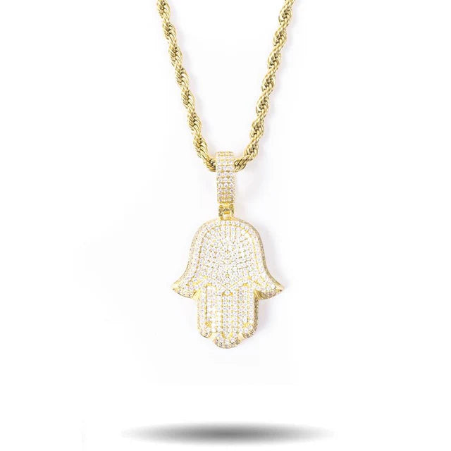Diamond Hamsa Hand Necklace Pendant and Rope Chain
