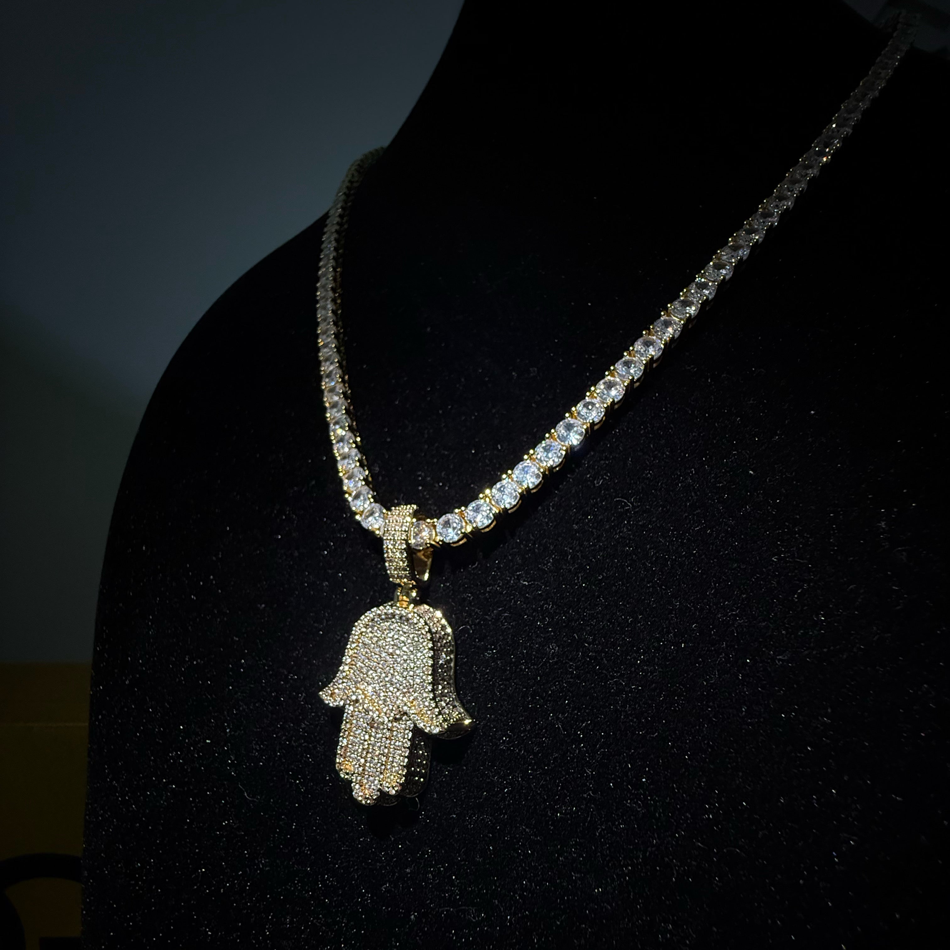 Diamond Hamsa Hand Necklace Pendant and Tennis Chain