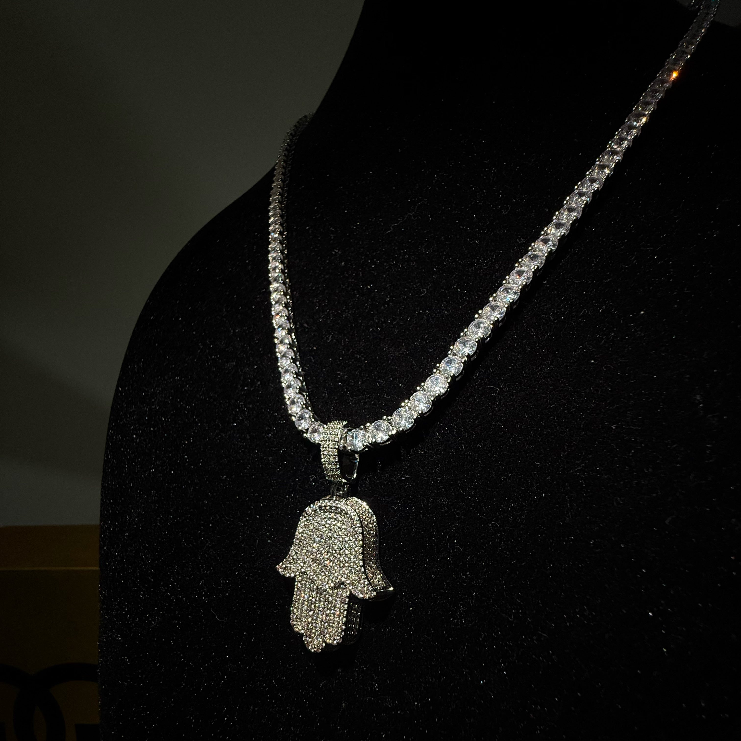 Diamond Hamsa Hand Necklace Pendant and Tennis Chain