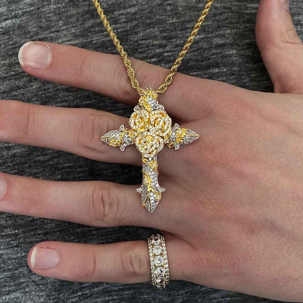 Diamond Rose Cross Necklace Pendant & Rope Chain