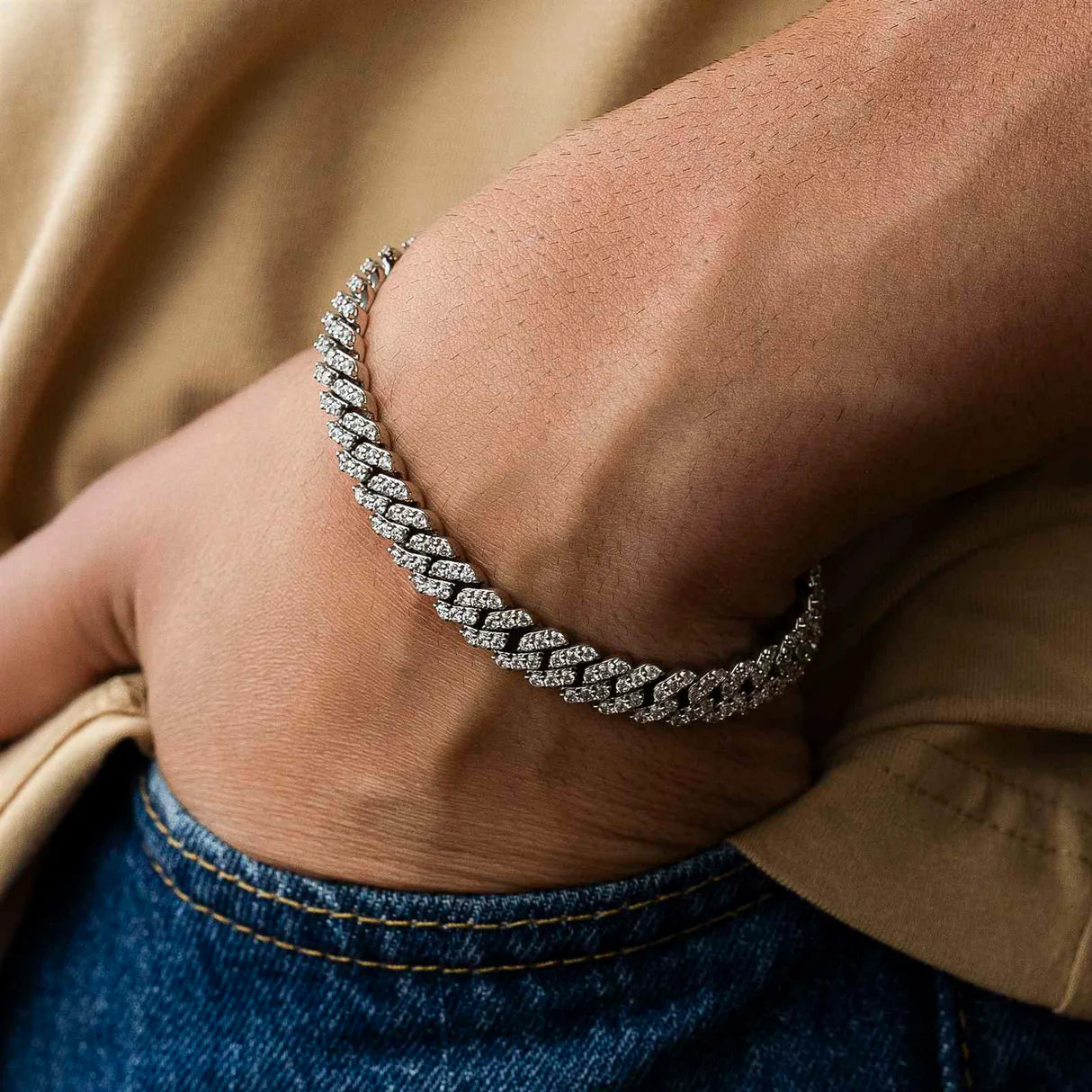 Diamond Straight Edge Cuban White Gold Bracelet 8MM