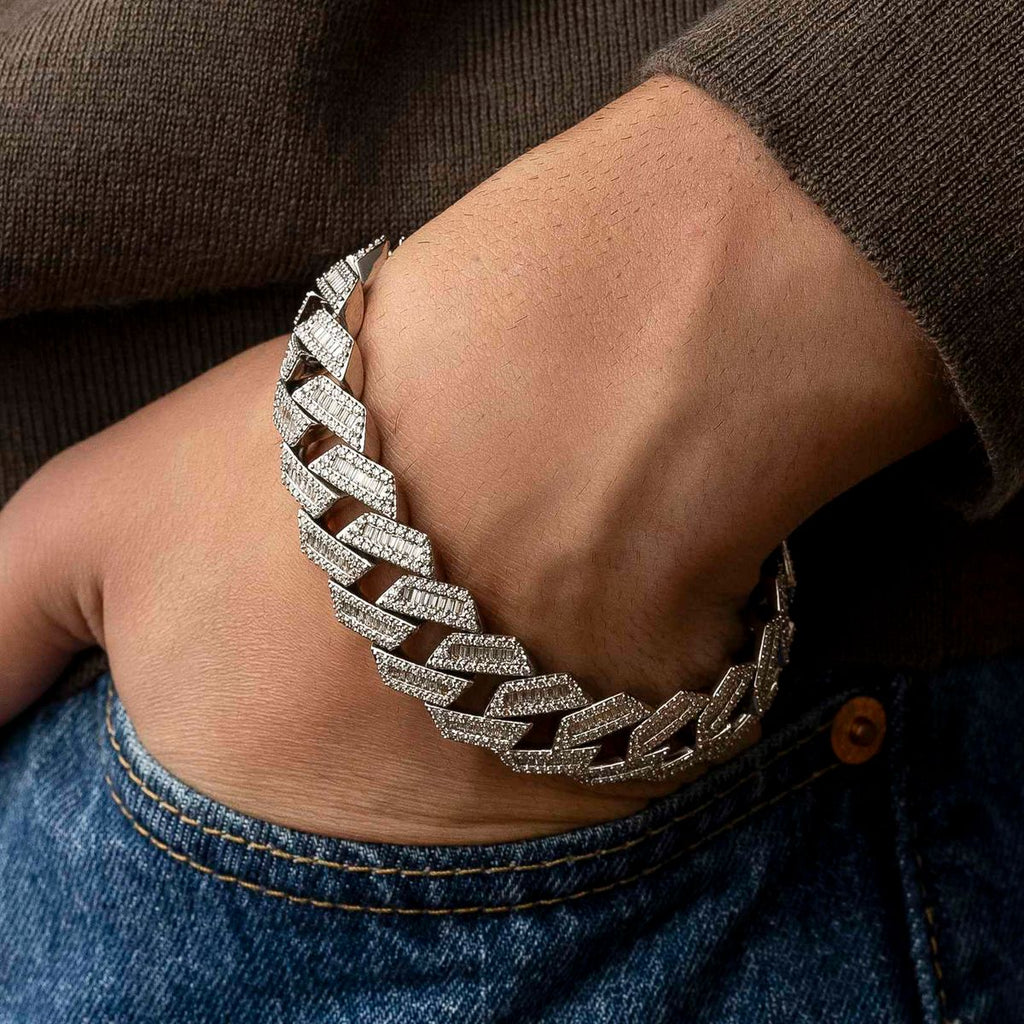 Diamond Baguette Straight Edge Cuban Bracelet White Gold 18MM