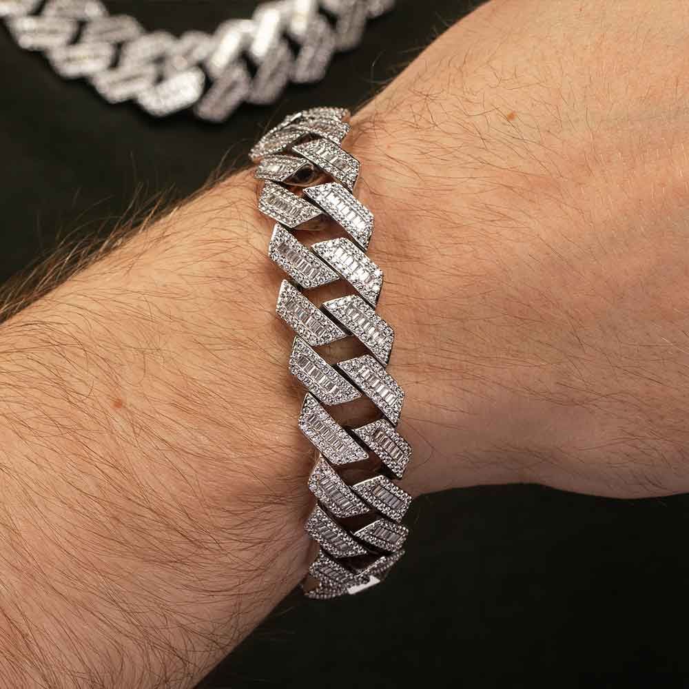 Diamond Baguette Straight Edge Cuban Bracelet White Gold 18MM