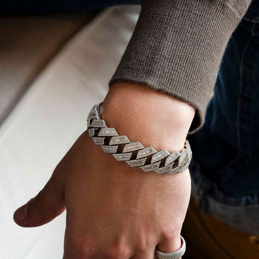Diamond Baguette Straight Edge Cuban Bracelet White Gold 18MM