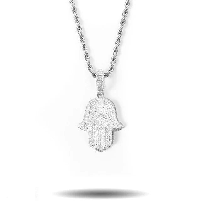 Diamond Hamsa Hand Necklace Pendant and Rope Chain