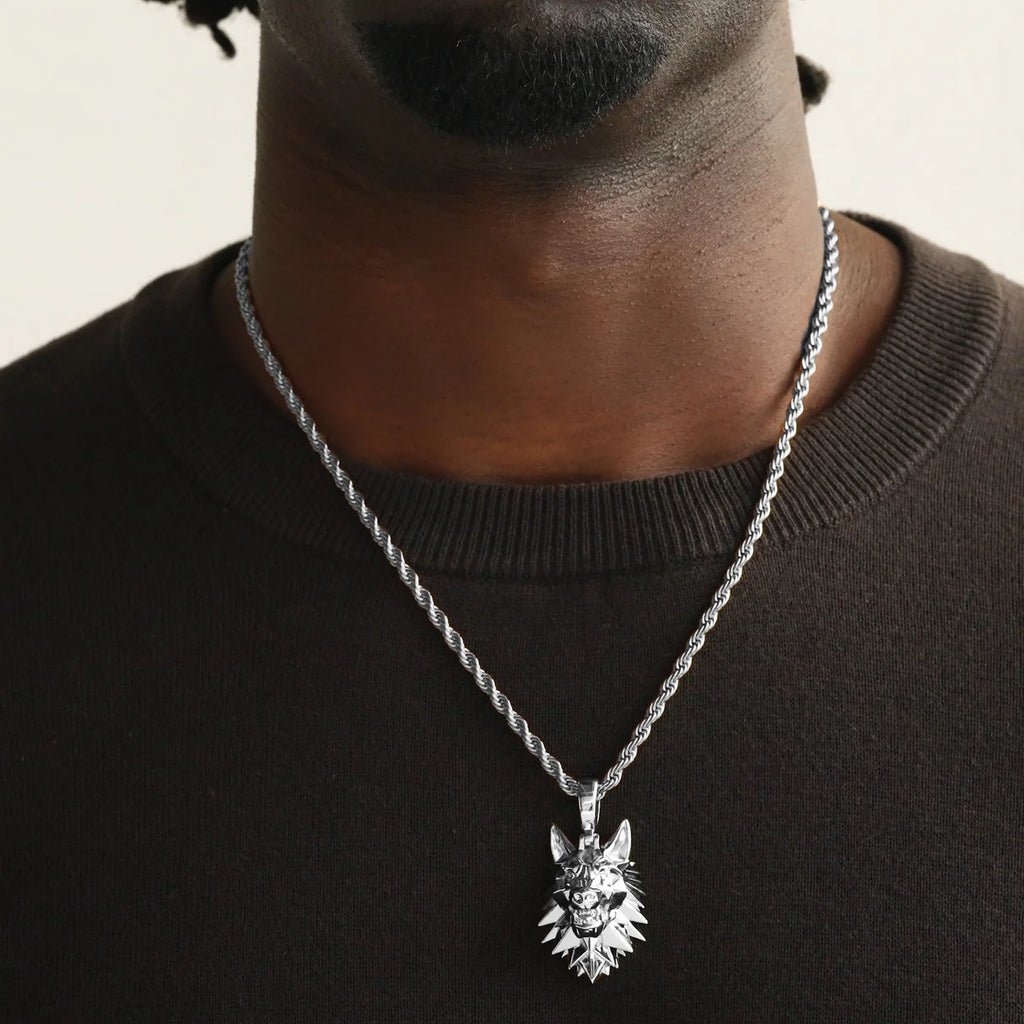 Wolf Head Necklace Pendant and Rope Chain