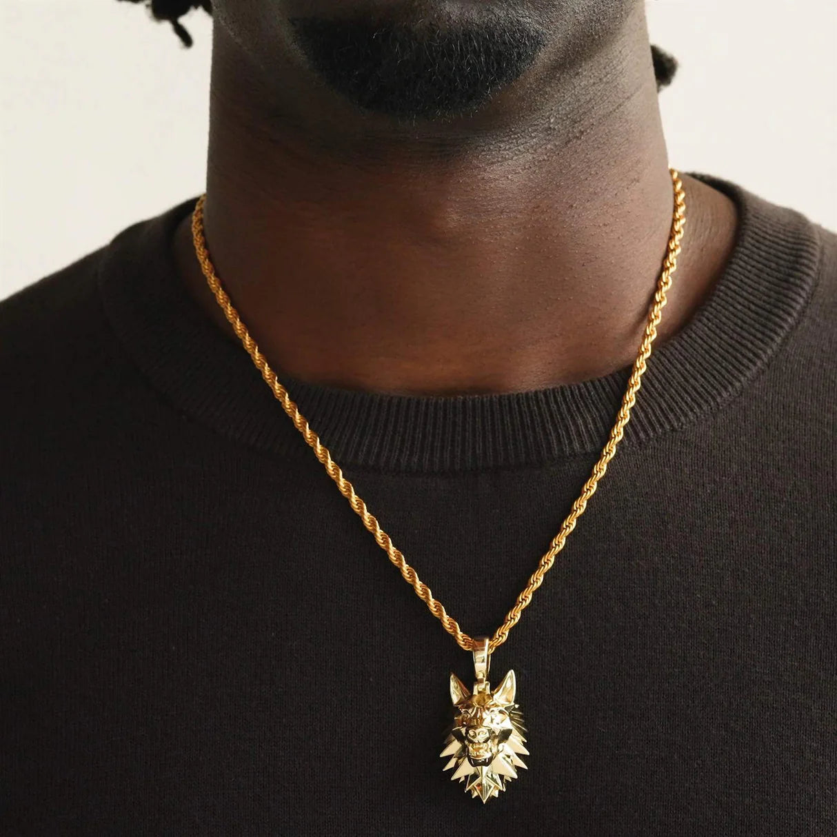 Wolf Head Necklace Pendant and Rope Chain